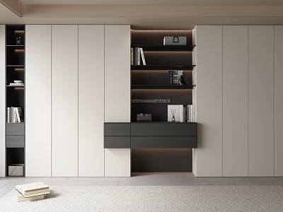 Modern Built in Bookcase Design With Open Shelves Drawers Neutral Tones And Ambient Lighting 3d model