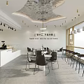 Modern Dessert Shop Interior With Counter Display Shelves Tables Chairs And Hanging Lights