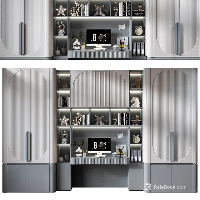 Modern Gray Wardrobe Interior Design With Textured Doors Shelves And Decorative Items 3d model 