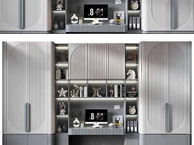 Modern Gray Wardrobe Interior Design With Textured Doors Shelves And Decorative Items 3d model