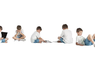 Young Boys in Various Sitting Positions Using Laptop Writing and Resting on Floor 3d model