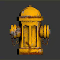 Yellow Rusted Fire Hydrant With Chain Details And Bottom Reflection On Dark Surface
