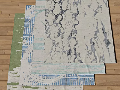 Green Blue White Square Rugs With Marble Abstract Pattern On Wooden Floor 3d model