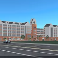 Red Brick School Building With White Trim Clock Tower Large Windows And Campus Grounds 3d model