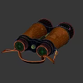 Commercial Binoculars With Leather Cover And Brass Metal Parts On Black Reflective Background