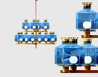 Elegant Multi Layer Chandelier with Blue Glass Shades and Golden Frame Design 3d model