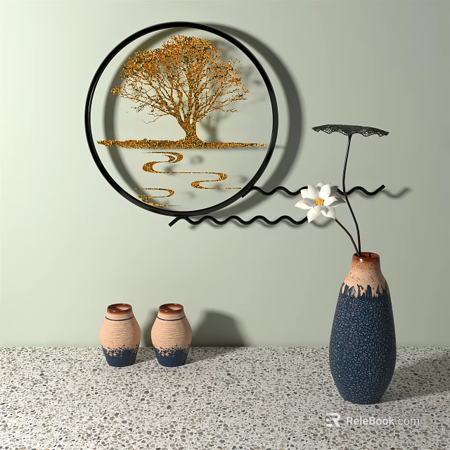 Circular Wall Decor Featuring Golden Tree Wavy Patterns White Flower Vase And Small Jars 3d model
