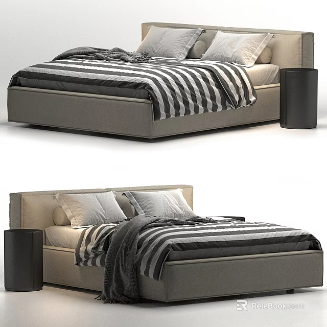 Double Bed With Beige Headboard Black And White Striped Quilt Pillows And Black Nightstand 3d model 