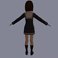 Anime School Girl With Brown Short Hair Dark Coat Red Bow And Plaid Skirt