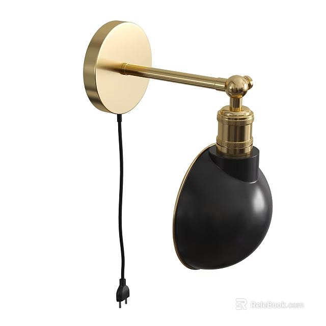Modern Brass Wall Lamp with Black Shade and Adjustable Arm Design 3d model 