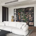 Modern Living Room Interior With Marble Fireplace White Sofa Black Armchair And Coffee Table