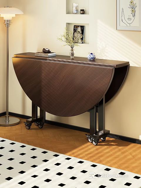 Foldable Semicircular Wooden Dining Table On Wheels Against Wall With Vase And Small Ornaments 3d model 