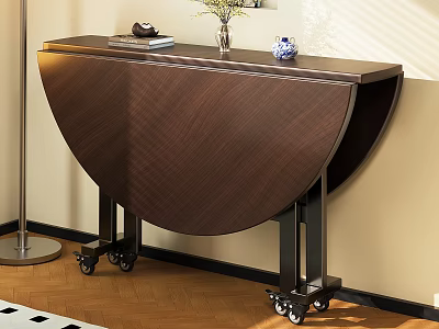 Foldable Semicircular Wooden Dining Table On Wheels Against Wall With Vase And Small Ornaments 3d model