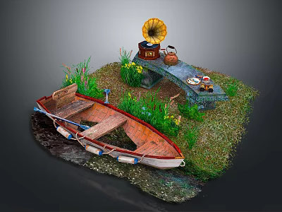 Rustic Waterside Scene With Wooden Boat Gramophone Small Bench Flowers And Green Grass 3d model