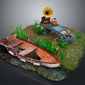 Rustic Waterside Scene With Wooden Boat Gramophone Small Bench Flowers And Green Grass