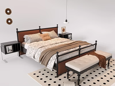 Double Bed with Metal Frame Wooden Headboard Cozy Bedding Nightstands Bench and Polka Dot Rug 3d model