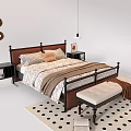 Double Bed with Metal Frame Wooden Headboard Cozy Bedding Nightstands Bench and Polka Dot Rug