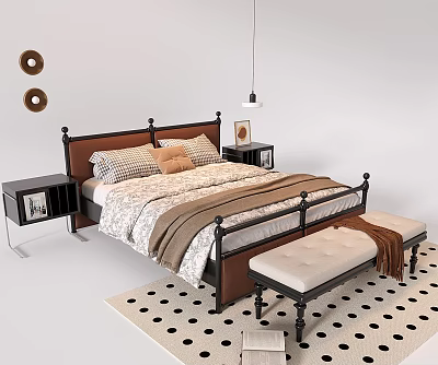 Double Bed with Metal Frame Wooden Headboard Cozy Bedding Nightstands Bench and Polka Dot Rug 3d model