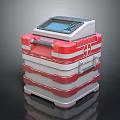 Red and White Stackable Medical Device With Top Display Screen Control Panel and Cross Symbol