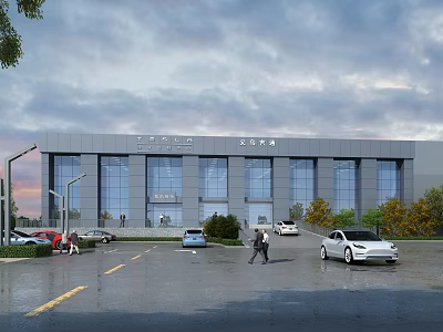 Modern Office Building With Glass Curtain Wall Exterior Parking Lot Cars Trees And Cloudy Sky 3d model