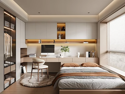 Modern Minimalist Tatami Bedroom With Desk Chair Bookshelf Wardrobe And Green Plant 3d model
