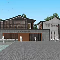 Traditional Modern Tourist Center Architecture With Plaza People And Flying Birds