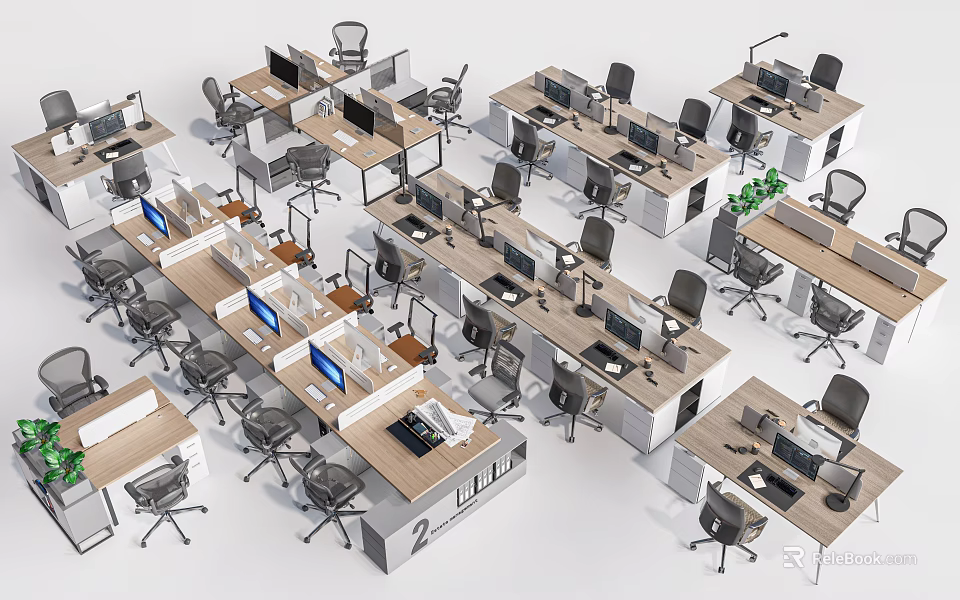 Modern Office Workspace With Multiple Desks Computers Ergonomic Chairs And Dividers 3d model 