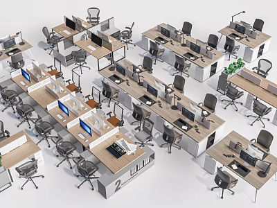 Modern Office Workspace With Multiple Desks Computers Ergonomic Chairs And Dividers 3d model