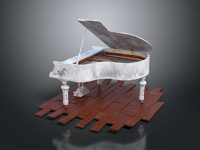 Elegant White Grand Piano Placed On Wooden Planks Platform With Classic Design 3d model