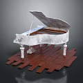 Elegant White Grand Piano Placed On Wooden Planks Platform With Classic Design
