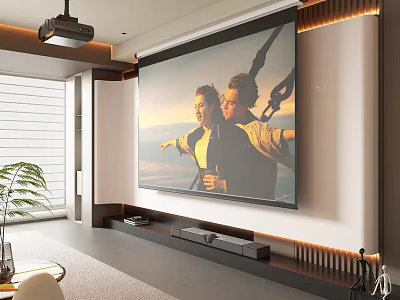 Living Room Projection Monitor With Large Screen Ceiling Projector Plants And Modern Interior 3d model