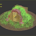 Cartoon Scene Featuring Round Sandy Ground Stone Metal Plate Hut Grass Roof And Green Plants