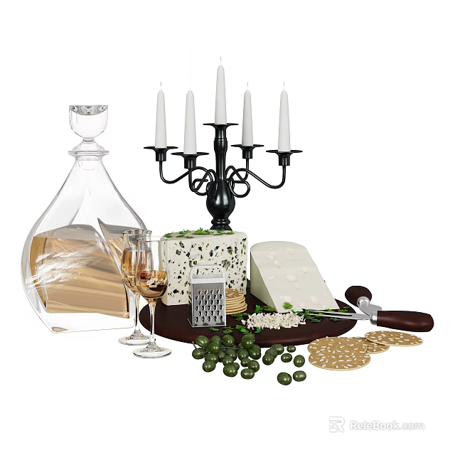 Gourmet Cheese Platter With Wine Decanter Glass Candelabra Crackers And Olives 3d model 