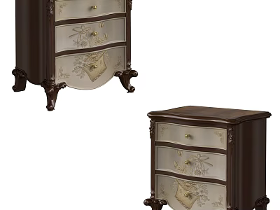 Vintage Dark Brown Nightstand With Ornate Drawers Gold Handles And Carved Legs 3d model