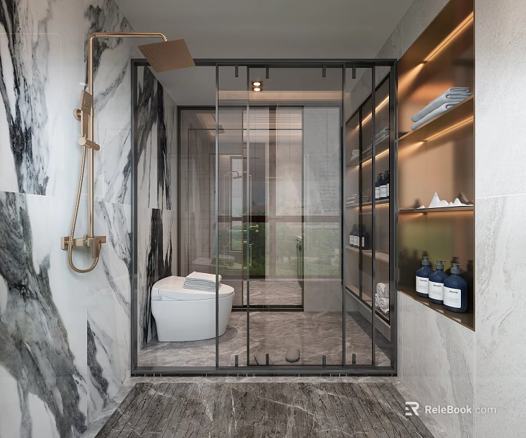 Elegant Modern Bathroom Design With Marble Tiles Glass Shower Enclosure And Built In Shelves 3d model 
