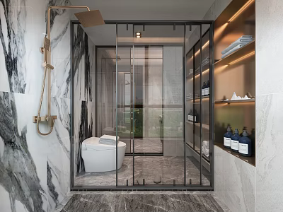Elegant Modern Bathroom Design With Marble Tiles Glass Shower Enclosure And Built In Shelves 3d model