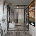 Elegant Modern Bathroom Design With Marble Tiles Glass Shower Enclosure And Built In Shelves
