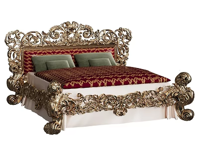Luxurious Classic Double Bed with Golden Carved Headboard Red Bedspread and Green Pillows 3d model