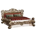 Luxurious Classic Double Bed with Golden Carved Headboard Red Bedspread and Green Pillows