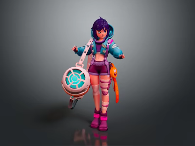 Game And Movie Character With Purple Hair Blue Hoodie Holding Round Device And Pink Shoes 3d model