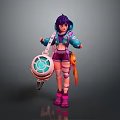 Game And Movie Character With Purple Hair Blue Hoodie Holding Round Device And Pink Shoes