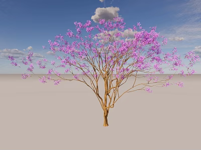 Tree With Purple Flowers Under Blue Sky And White Clouds On Light Colored Ground 3d model