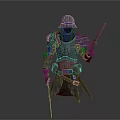 Medieval Warrior In Shiny Metallic Armor Holding Sharp Sword And Helmet 3d model