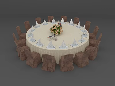Elegant Round Dining Table Set With White Tablecloth Centerpiece Bouquet And Surrounding Chairs 3d model