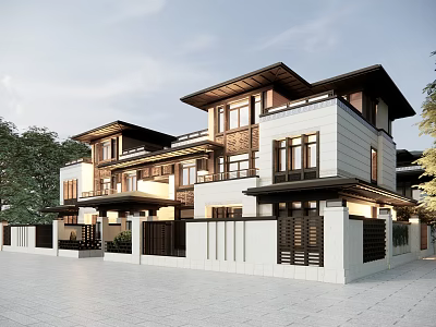Modern Chinese Style Townhouse With White Walls Dark Wooden Accents And Courtyard Design 3d model