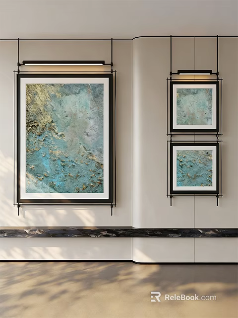 Three Oil Paintings With Blue And Gold Tones Textured Surfaces Hanging On Modern Interior Wall 3d model 