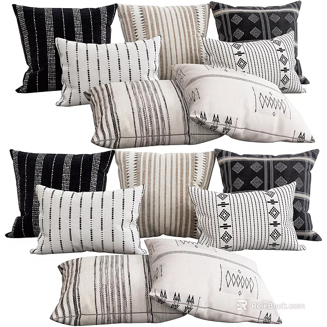 Modern Minimalist Throw Pillows With Geometric Striped Patterns In Black White Beige Tones 3d model 