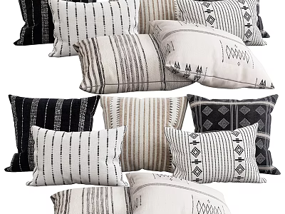 Modern Minimalist Throw Pillows With Geometric Striped Patterns In Black White Beige Tones 3d model