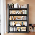 Black Layered Shelf With Books Decorations Green Plants Photo Frames And Ornaments Against Light Brown Wall