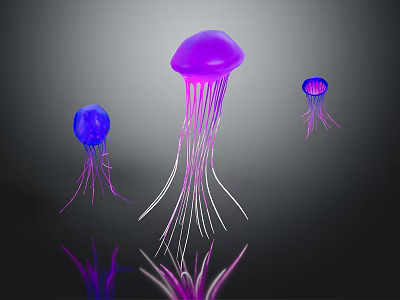 Three Vibrant Purple and Blue Jellyfish with Long Tentacles on Dark Background with Reflections 3d model